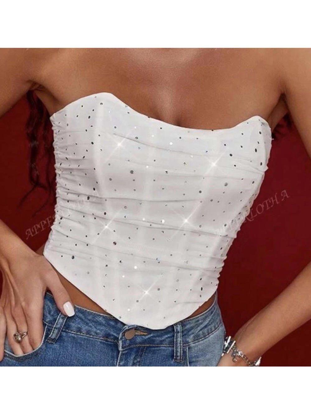 SHEIN White Strapless Rhinestone Corset Crop Top